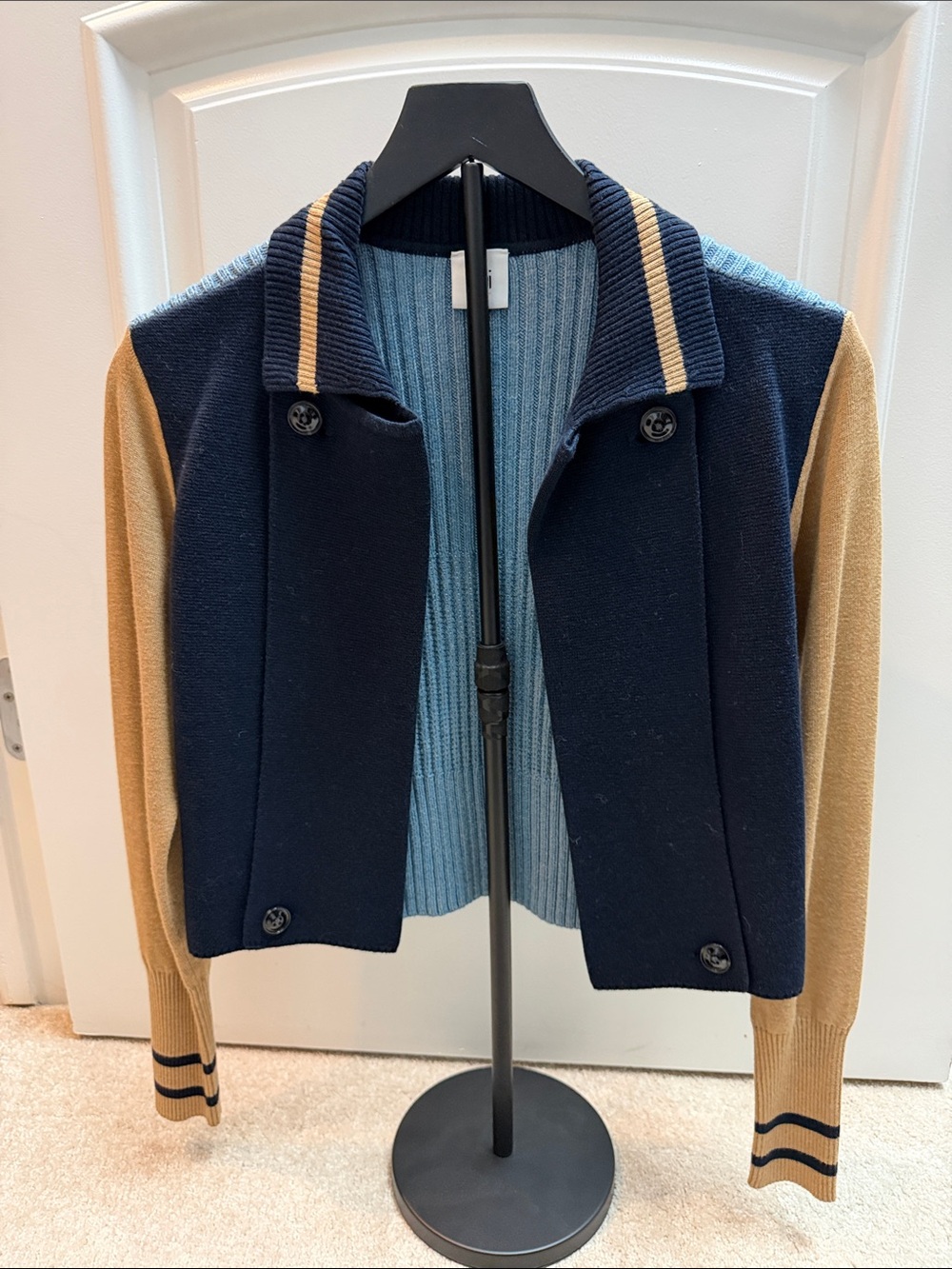 CAbi Navy, Camel & Light Blue Colorblock Knit Jacket